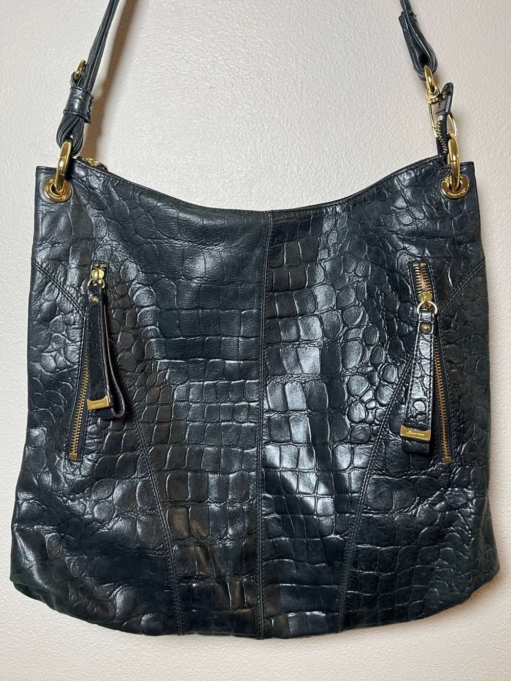 b. makowsky Vintage Black Croc-Embossed Leather Shoulder Hobo with Gold Hardware